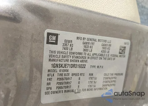 2013 Chevrolet Suburban 1500 Lt z USA, uszkodzony, nr VIN 1GNSKJE71DR319222